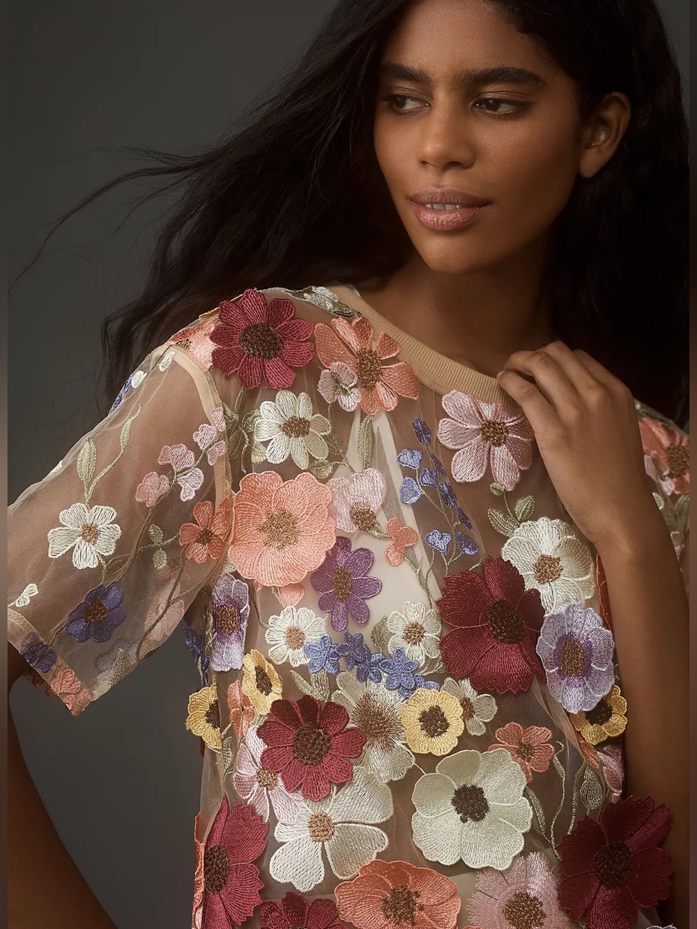 New Anthropologie Dolan Left Coast Flower Appliqué Sheer T-Shirt Size 3x